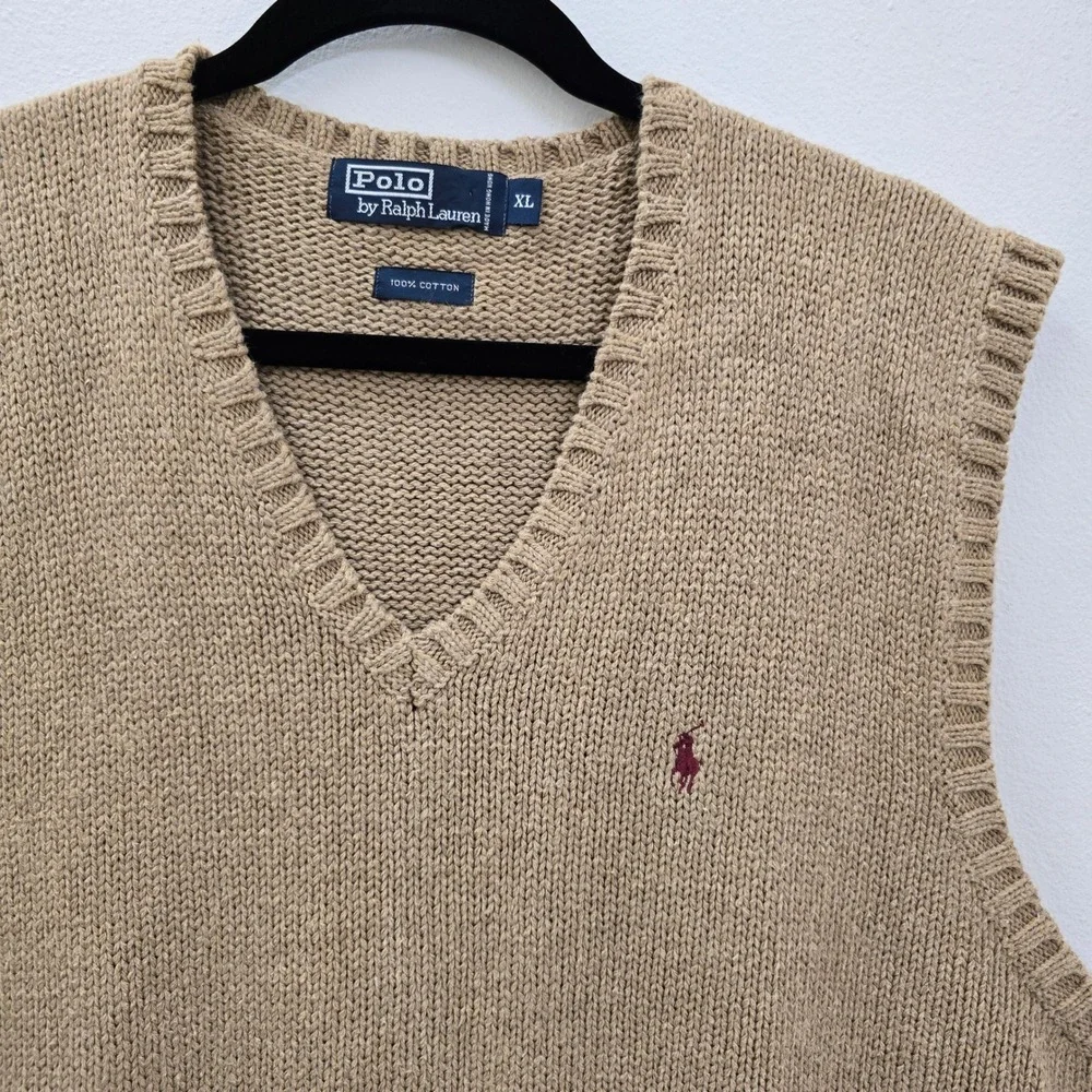 Polo Ralph Lauren Mens XL Tan Khaki Cotton V-Neck Knit Sweater Vest Pony‎ Logo